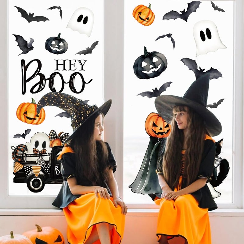 Whaline 6 Sheets Halloween Window Clings Vintage Hey Boo Ghost Evil Pumpkin Bat Reusable Window Decals for Spooky Holiday Haunted House Home Office School Glass Decor - Image 4